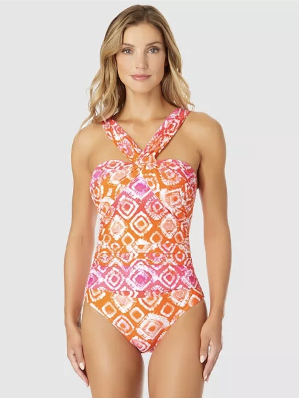 Anne Cole NWOT One Piece Twist Front Halter Swimsuit Ruched Multi Tie Dye Sz 6